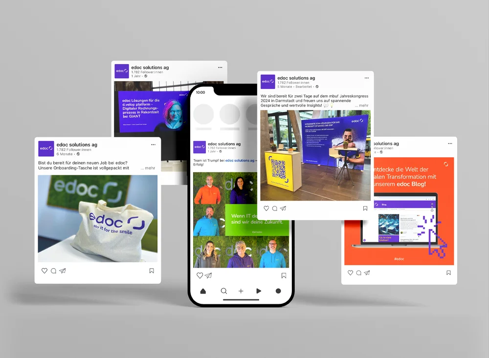 Verschiedene Ansichten von Werbeanzeigen, Smartphone in der Mitte zeigt Social Media Anzeige