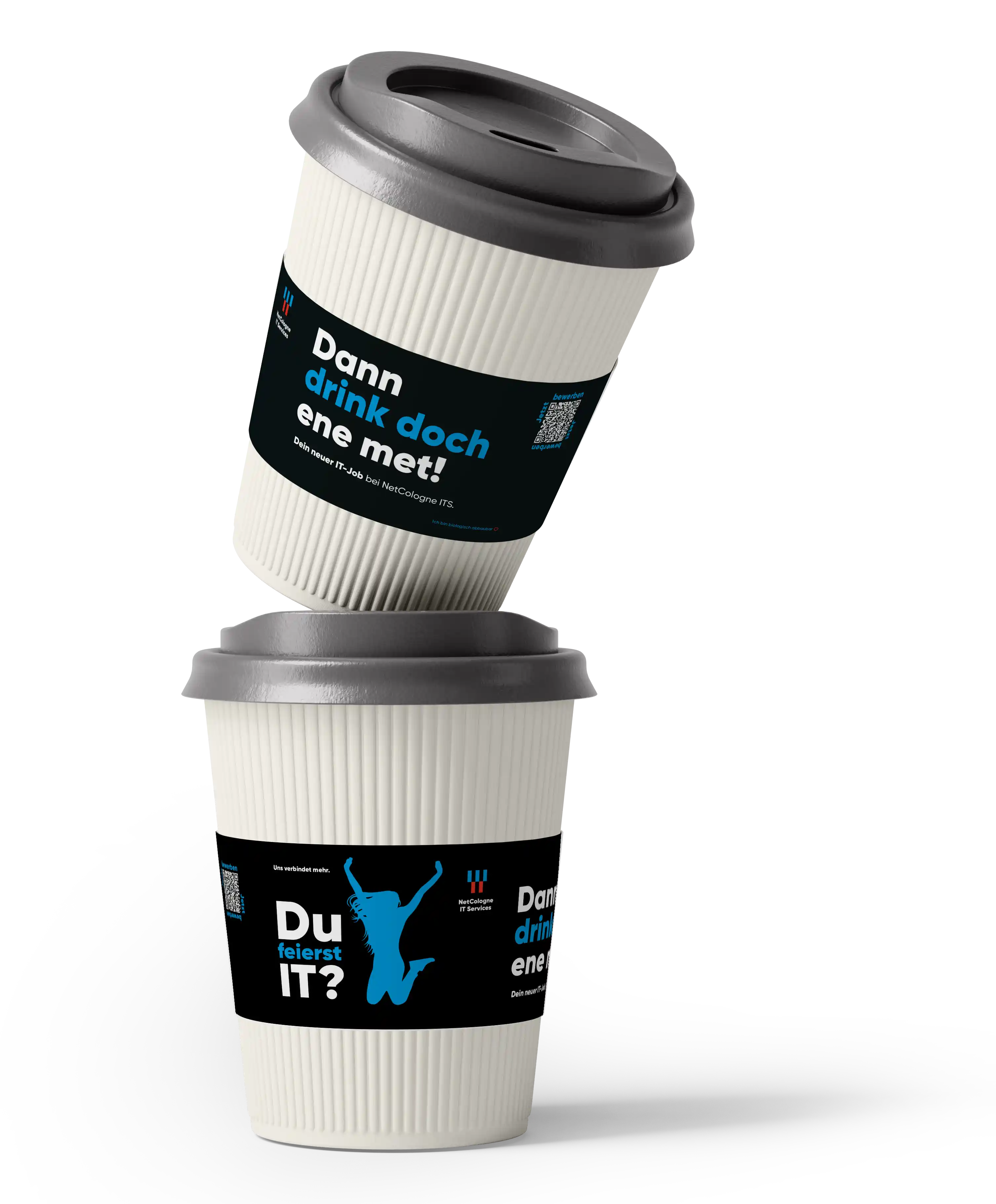 Thermo-Becher mit Kampagnen Slogan sind übereinander gestapelt